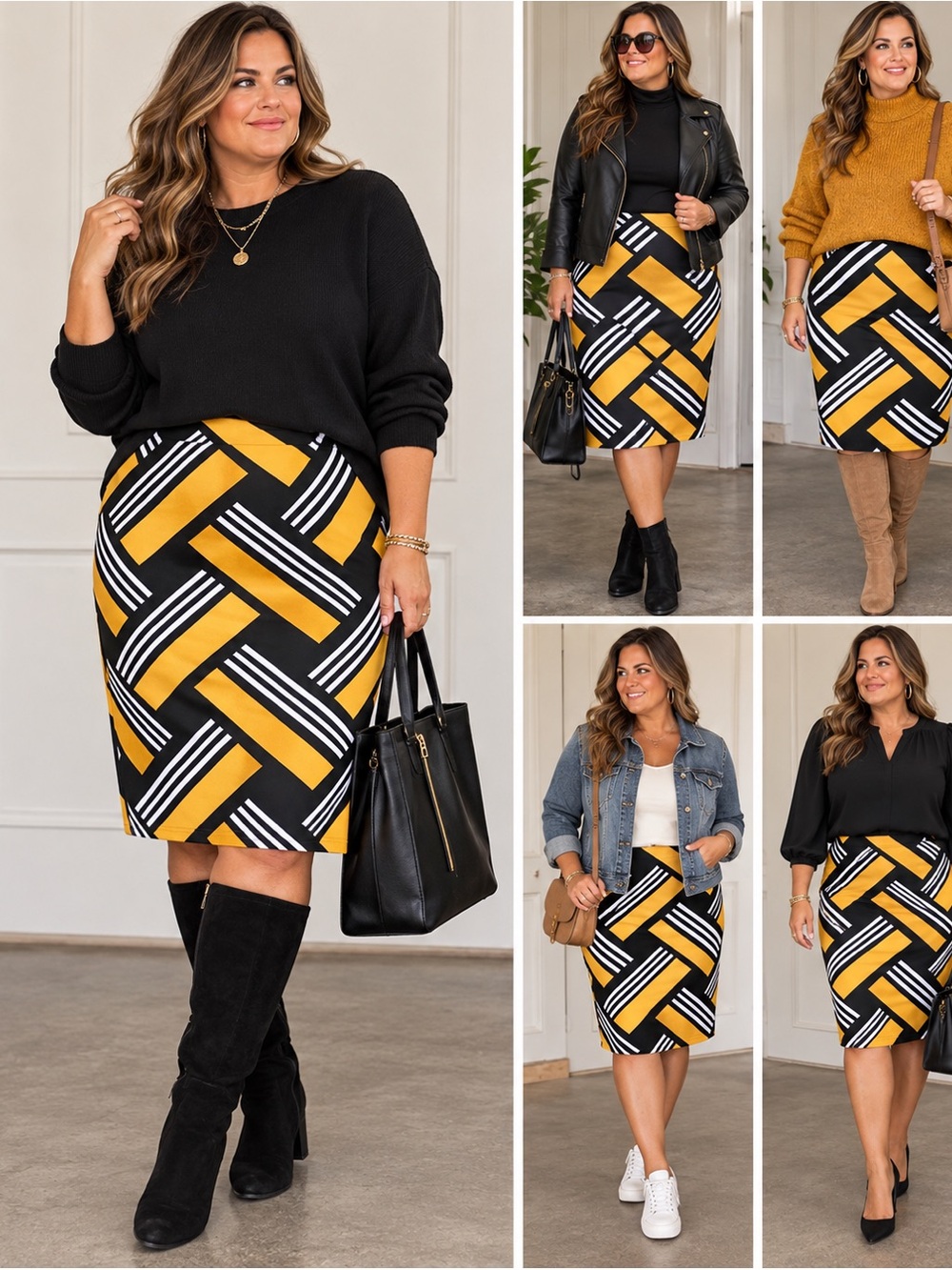 SHEIN Black & Yellow Geometric Pencil Skirt